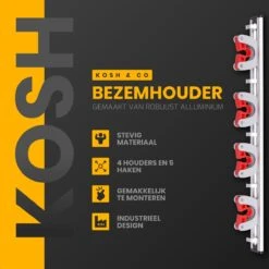 Merkloos Stevige Bezemhouder - Aluminium - Ophangsysteem Bezem - 5 Haken & 4 Houders - Gereedschaphouder - Opbergsysteem -Merkloos Winkel 1198x1200 1