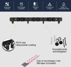 Volcan Bezemhouder - Bezem Ophangsysteem Tuingereedschap - Gereedschapshouder - Zelfklevend - 3M Tape - 3 Houders 4 Haken - RVS Zwart -Merkloos Winkel 1200x1148 3